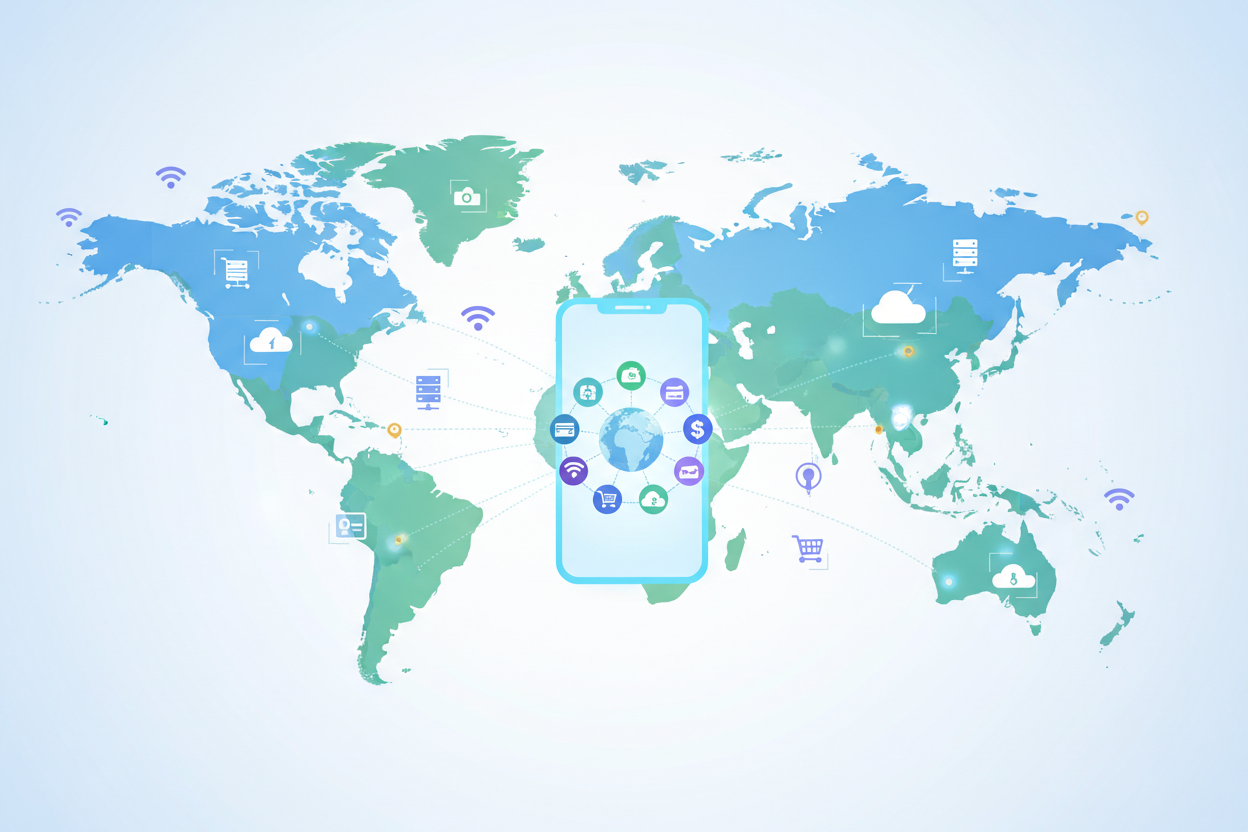 Global digital services illustration, world map with connected digital icons, smartphone in center representing access to international platforms, fintech e-commerce style, clean flat illustration, modern UI, light background, no text, no people