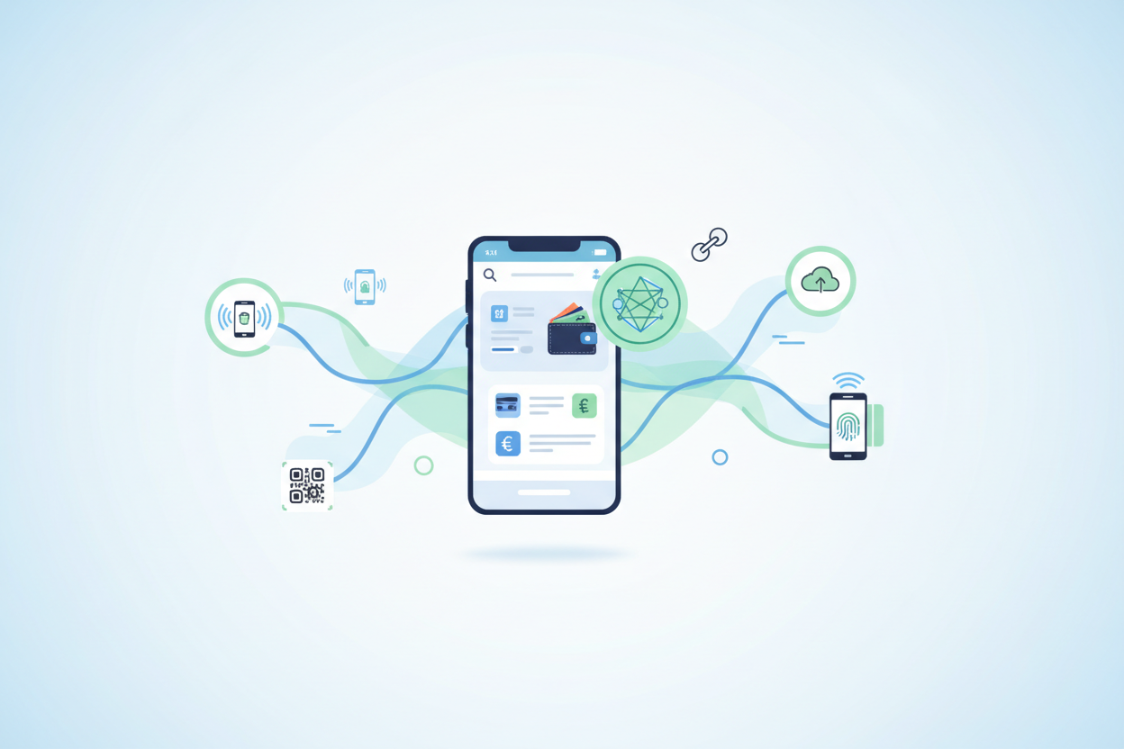 Modern alternative payment ecosystem illustration, digital wallet replacing traditional payment methods, clean fintech UI, minimal flat design, professional digital economy concept, light background, no text, no people